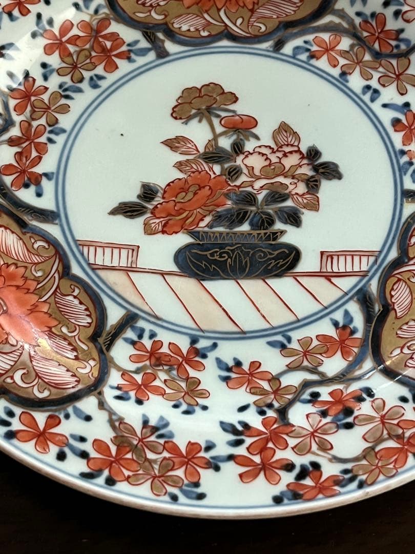 上手　江戸中期　元禄伊万里　古伊万里　染錦　桜尽　花尽　牡丹　花籠　七寸鍔皿無傷