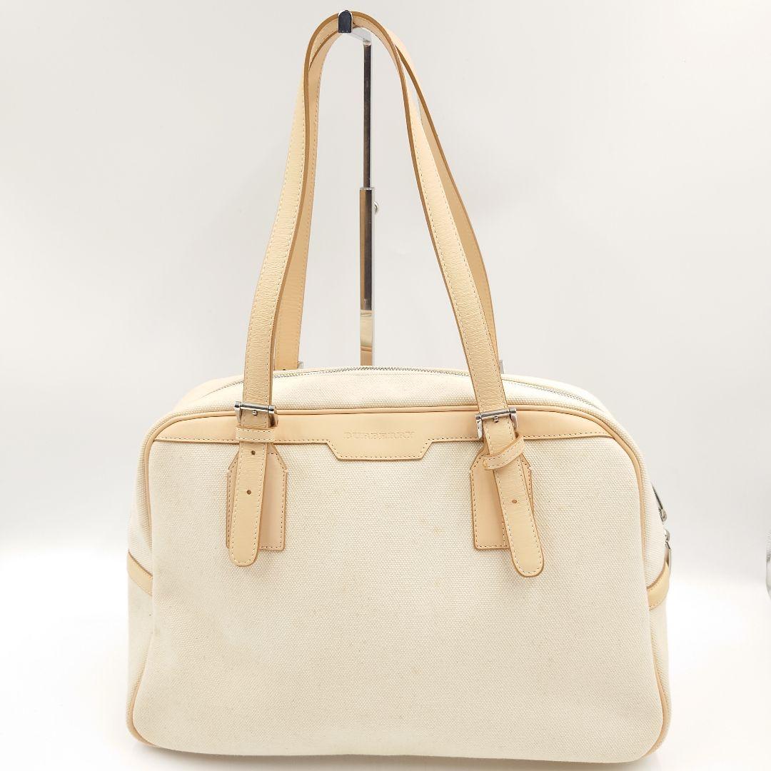 BURBERRY ミニボストンバッグ キャンバス ベージュ ヌメ革 バーバリー