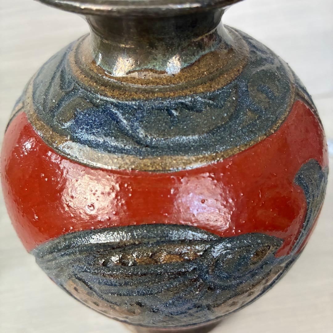 壺屋焼　小橋川清正　赤絵　魚紋　花瓶　沖縄　花器　インテリア　壺　工芸品