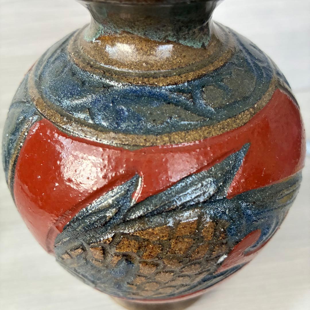 壺屋焼　小橋川清正　赤絵　魚紋　花瓶　沖縄　花器　インテリア　壺　工芸品