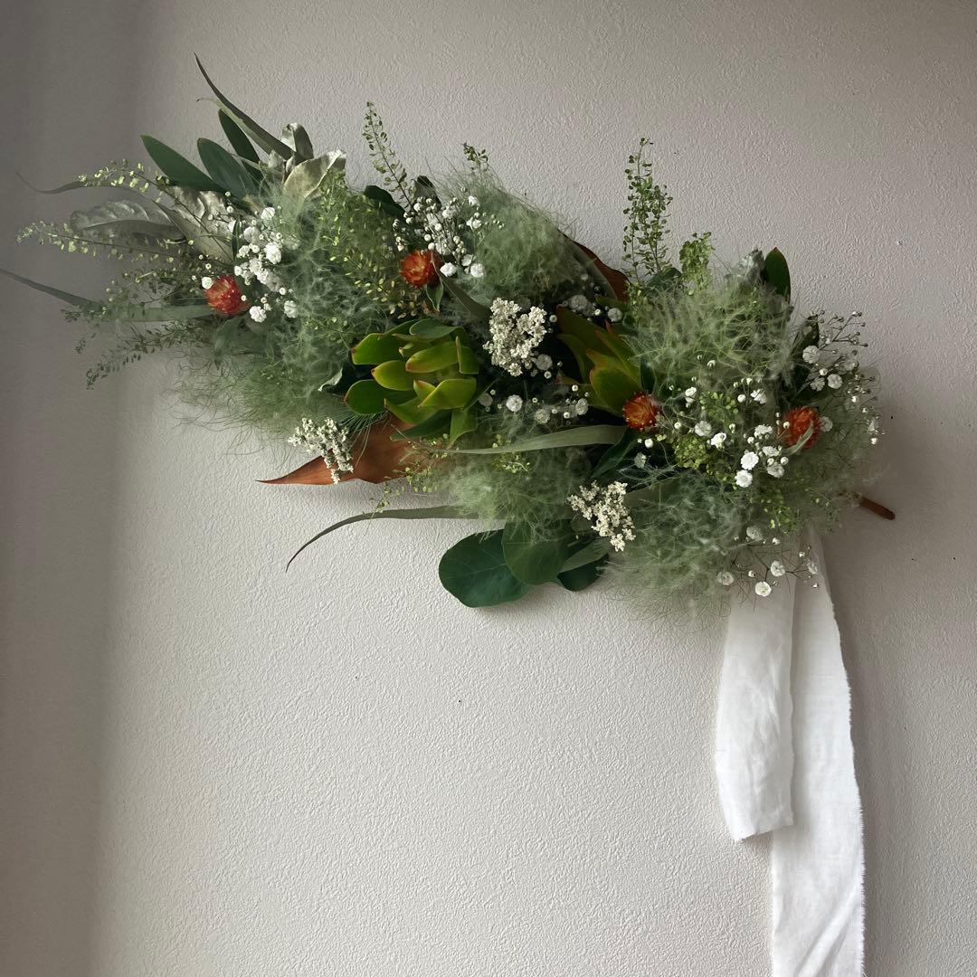 スモークツリー とリューカデンドロンの2Wayガーランド 千日紅　かすみ草