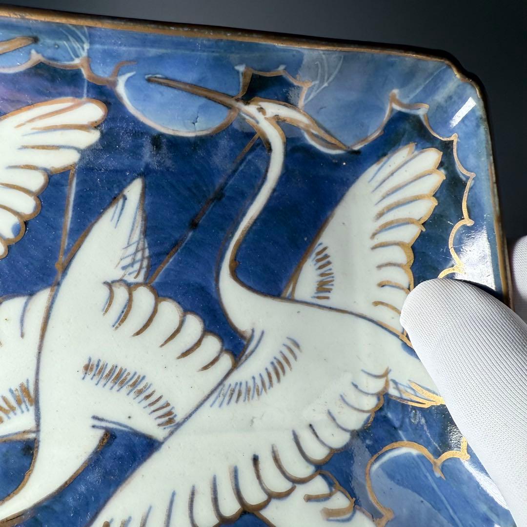 幕末明治期　染錦白鷺文様長皿　五客　古陶を楽しむ　アンティーク食器　料理屋