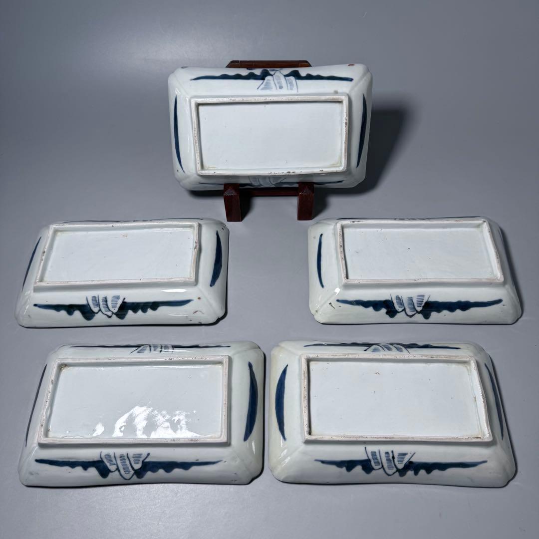 幕末明治期　染錦白鷺文様長皿　五客　古陶を楽しむ　アンティーク食器　料理屋