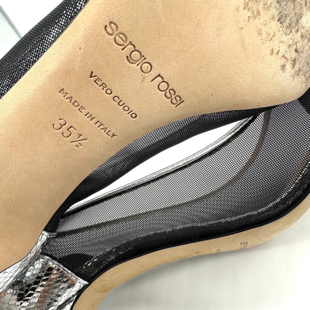 美品★セルジオロッシ レザー メッシュ パイソン パンプス シルバー