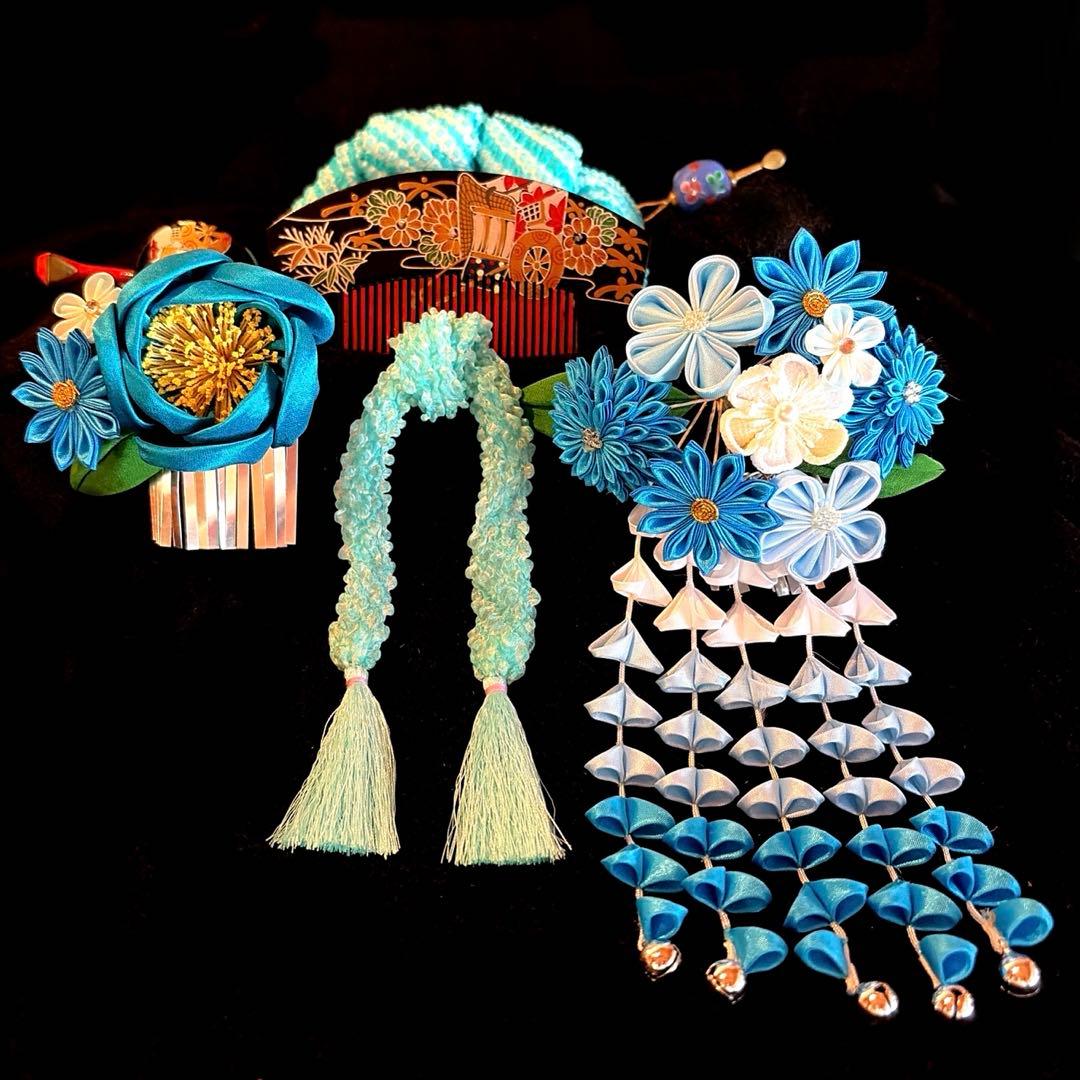 日本髪 髪飾り 七五三(7歳)～成人式 (ブルー×白)