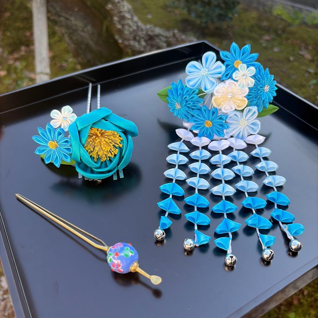 日本髪 髪飾り 七五三(7歳)～成人式 (ブルー×白)