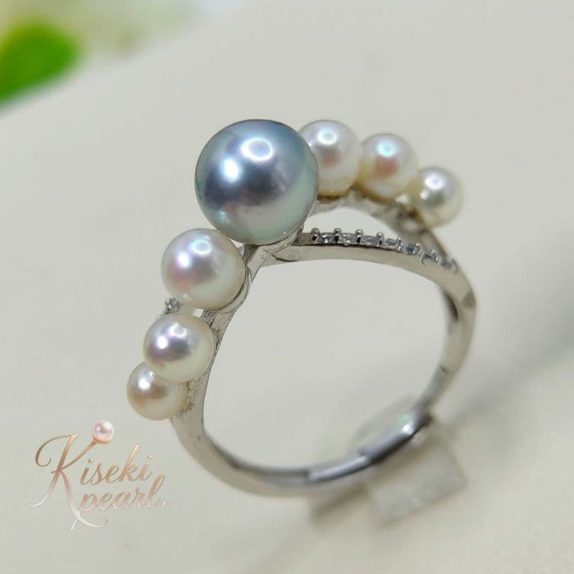 本真珠　あこや真多麻ナチュラルブルー7㍉　S925フリーサイズリング　新品