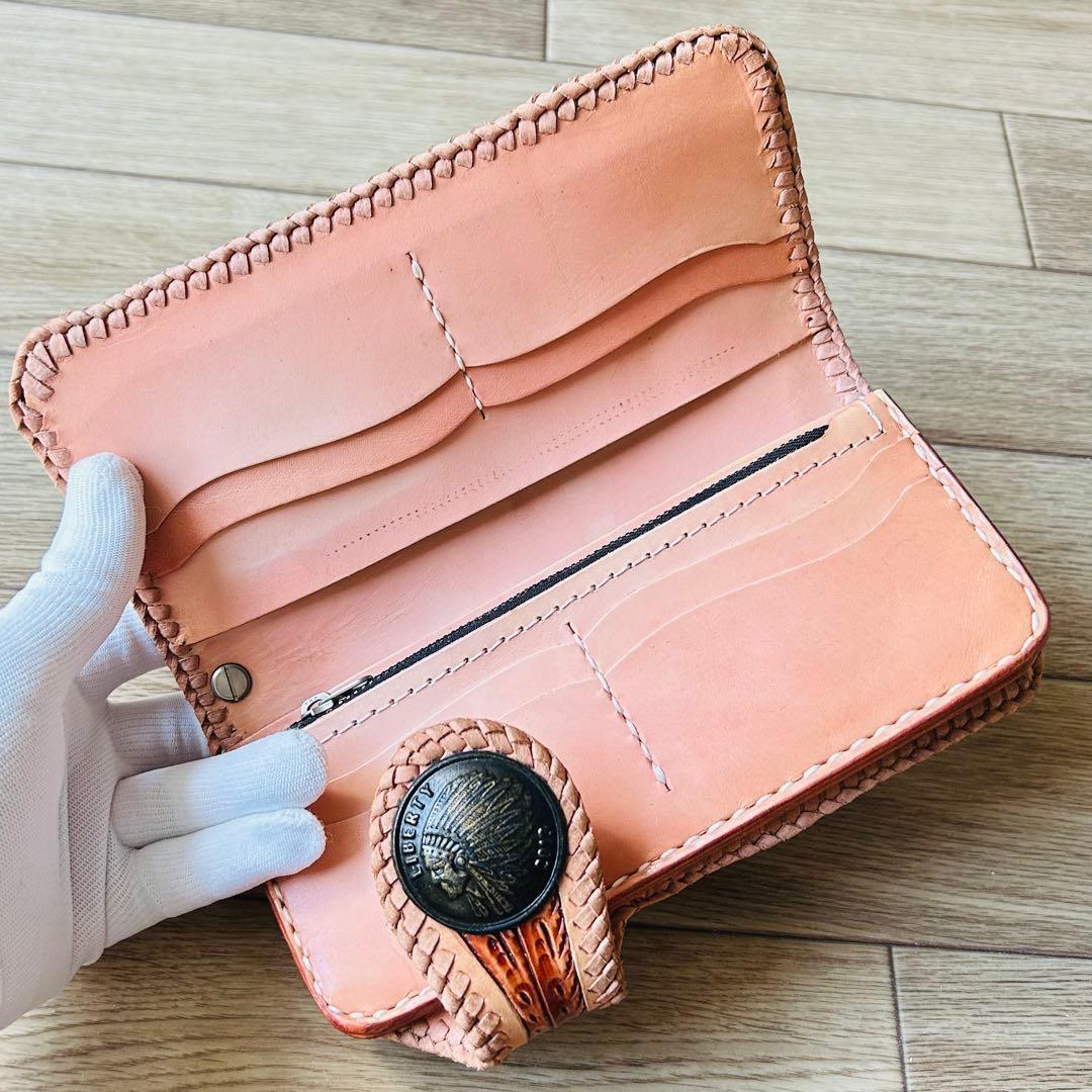 【新品】本革 牛革 カービング バイカーズウォレット ハンドメイド 長財布