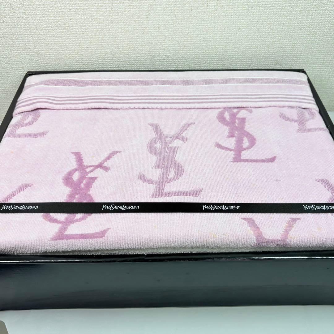 イヴ・サンローラン　YSLロゴ総柄　家庭で洗えるタオルケット　ピンク　管理NA