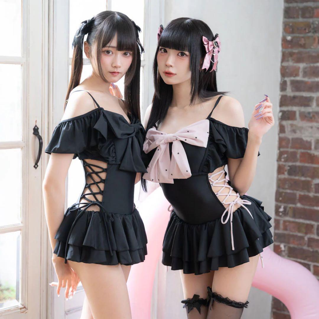 DEARMYLOVE サイドレースアップリボン水着 ブラックピンク