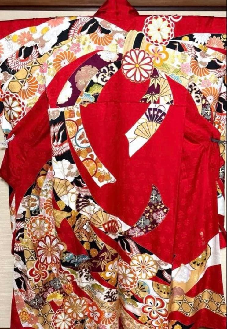 赤 吉祥文様 熨斗 鶴 華 振袖 身丈161