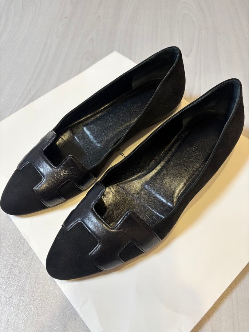 HERMÈS エルメス、Hロゴ フラットシューズ パンプス、ブラック