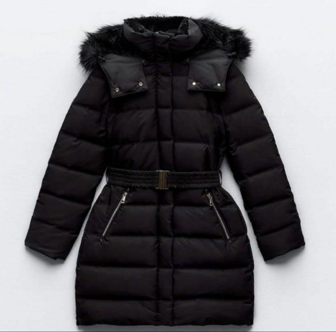 ZARA ダウンコート 24年製 ファー ボア ベルト付き Aライン Sサイズ