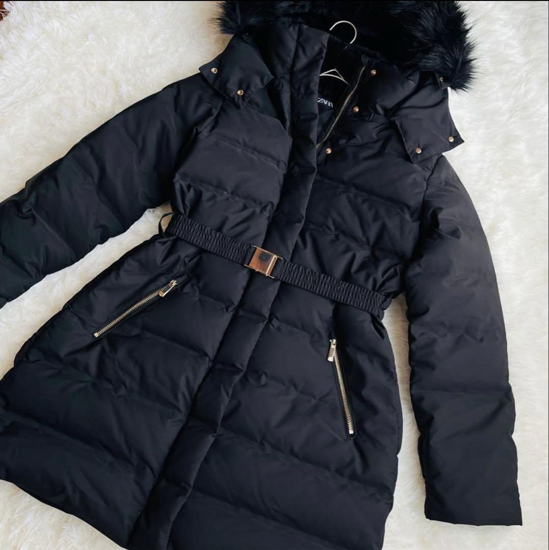 ZARA ダウンコート 24年製 ファー ボア ベルト付き Aライン Sサイズ