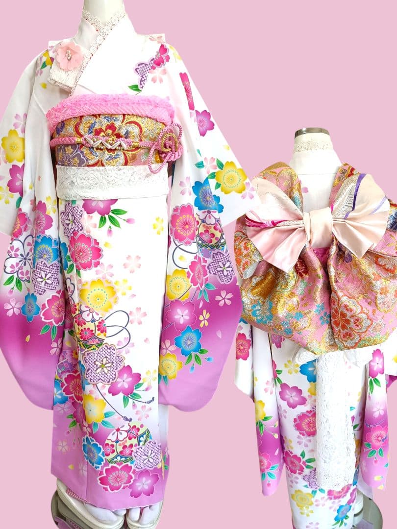 専用です☆白ピンクの着物にキラキラ作り帯☆七五三フルセット