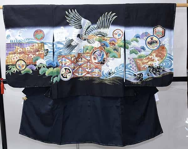 七五三 五歳 男児 正絹 着物 羽織袴フルセット 黒地 鷹 袴変更可能