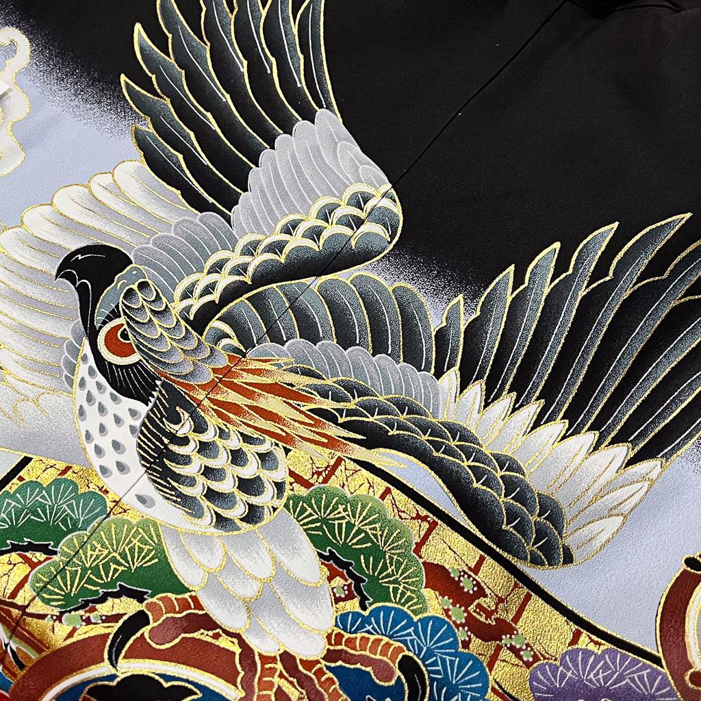 七五三 五歳 男児 正絹 着物 羽織袴フルセット 黒地 鷹 袴変更可能