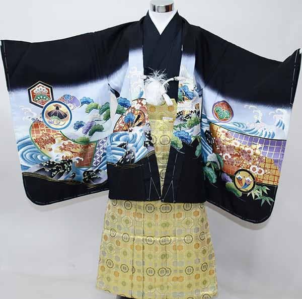 七五三 五歳 男児 正絹 着物 羽織袴フルセット 黒地 鷹 袴変更可能