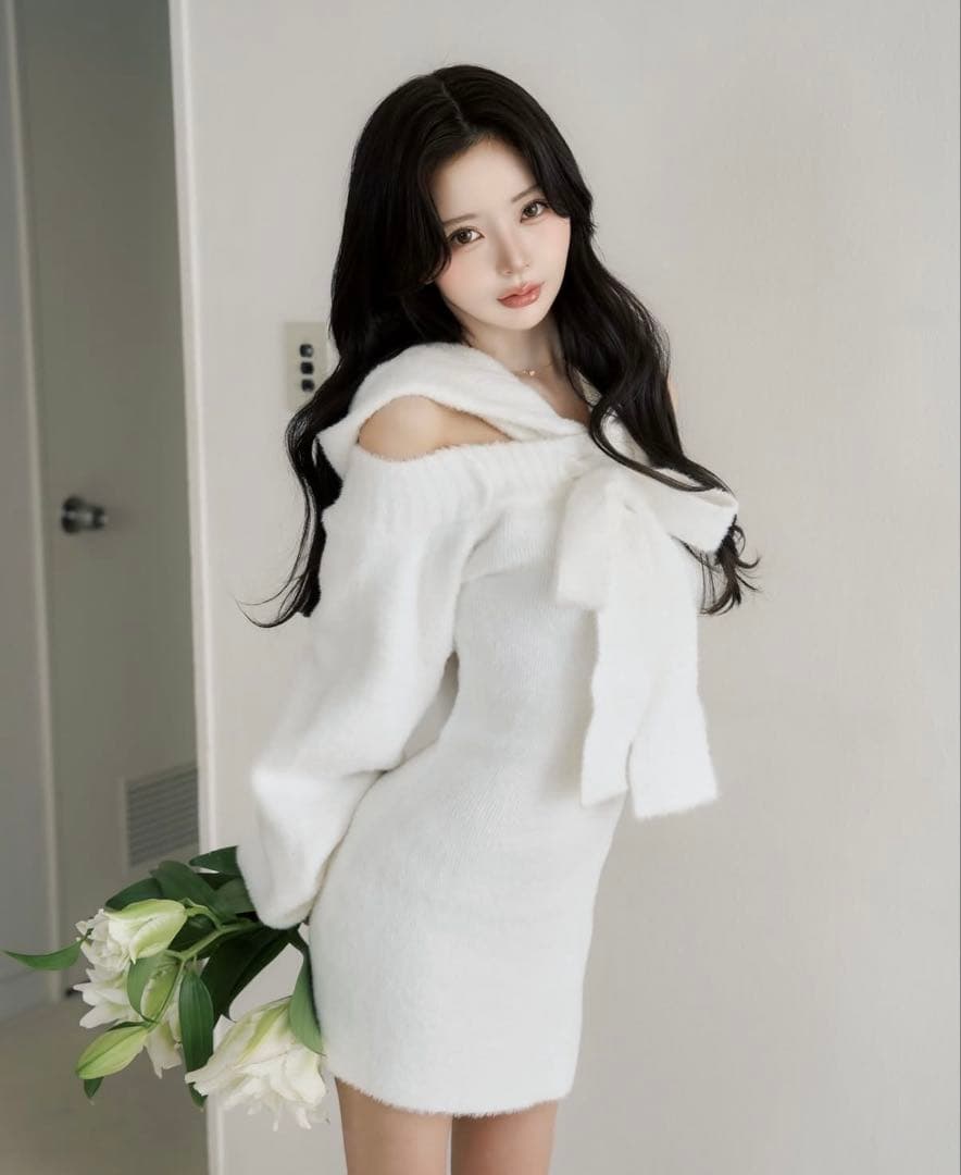 Darlich フーディオフショルニットミニワンピース