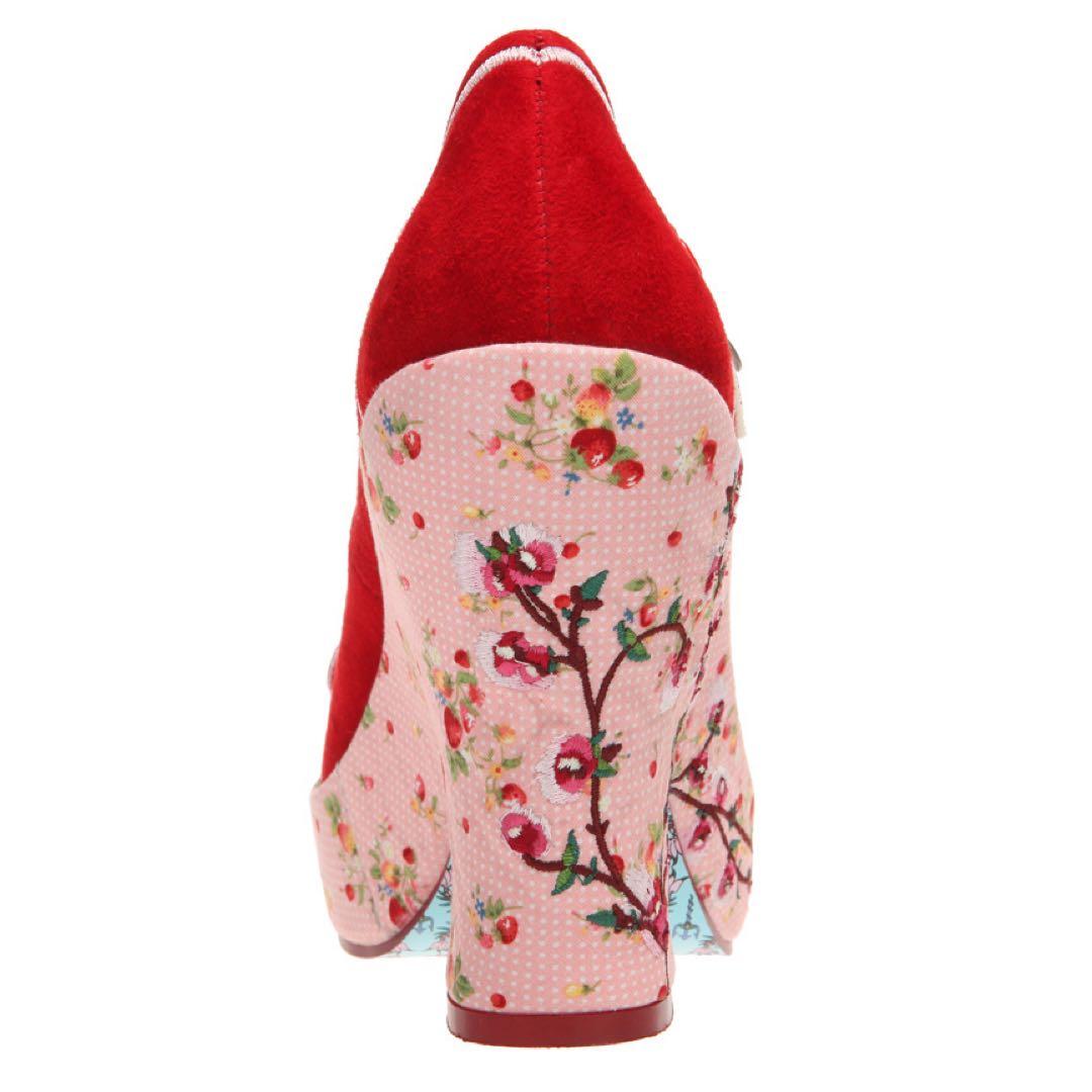 赤いフラワー刺繍ウェッジヒールパンプス