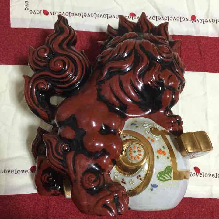 レア物❤️九谷焼❤️8号❤️小槌赤獅子❤️置物❤️美品★縁起物★シーサー