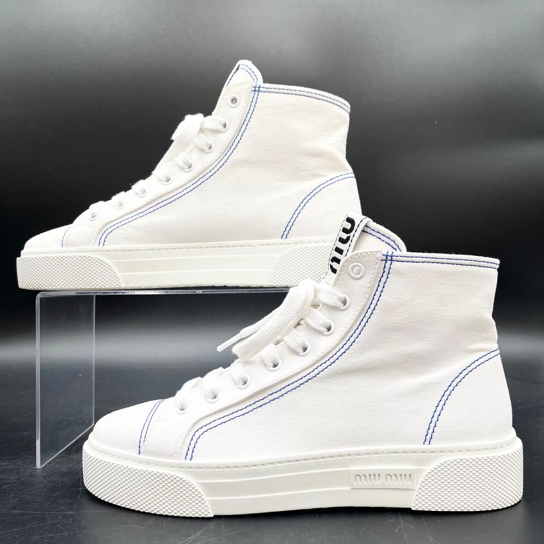 美品✨ ミュウミュウ ステッチ ハイカット キャンバス レディース スニーカー