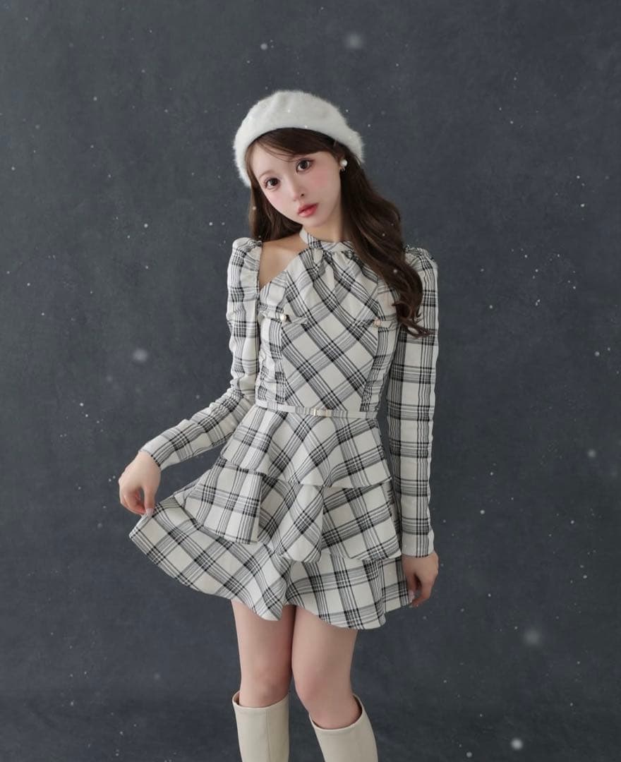 m me eme スリーブホルターチェックミニワンピース