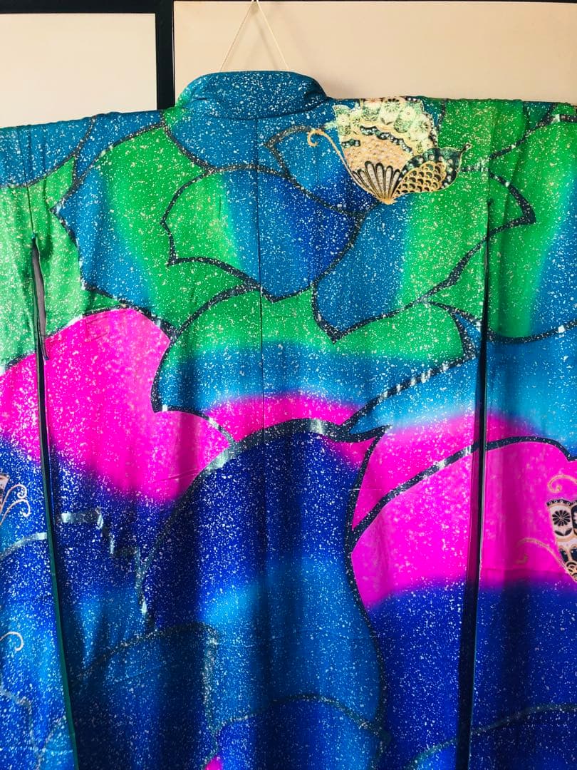 【豪華美品】引き振袖　お引きずり　衣装　婚礼　花嫁　ブルー　蝶々柄スパンコールド