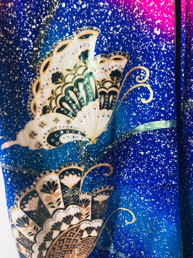 【豪華美品】引き振袖　お引きずり　衣装　婚礼　花嫁　ブルー　蝶々柄スパンコールド