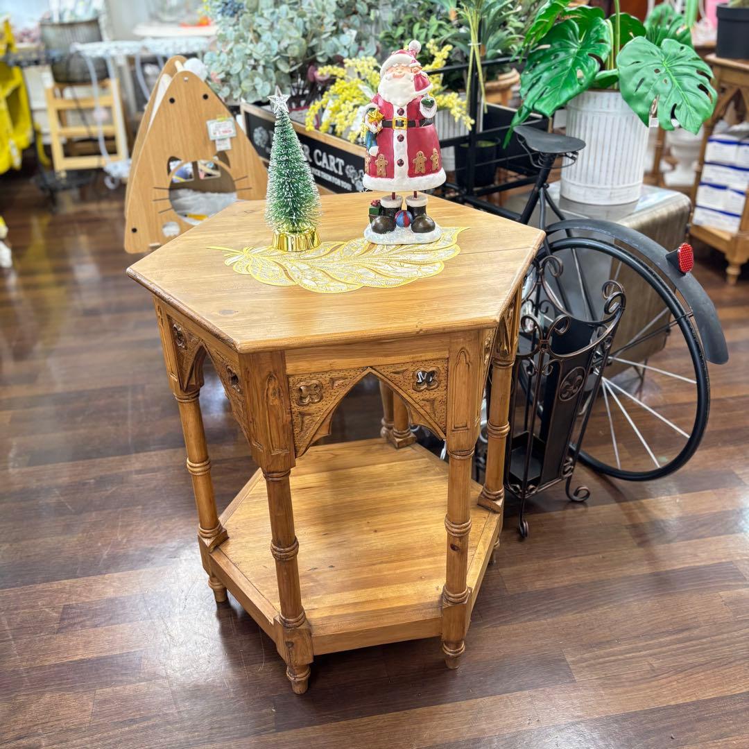 フランス田舎風家具 ゴシック風木製六角形テーブル サイドテーブル コンソール花台