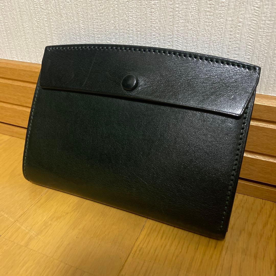 万双　厚コバ 三つ折り財布　ダークグリーン　中古美品