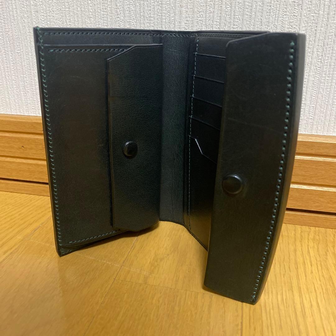 万双　厚コバ 三つ折り財布　ダークグリーン　中古美品