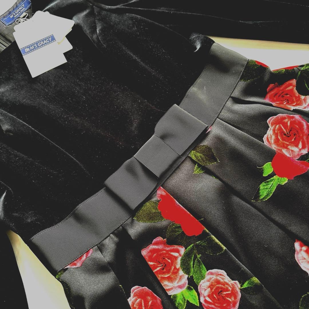 エムズグレイシー　カタログ掲載　ベロア切替お花モチーフ柄ワンピース　38