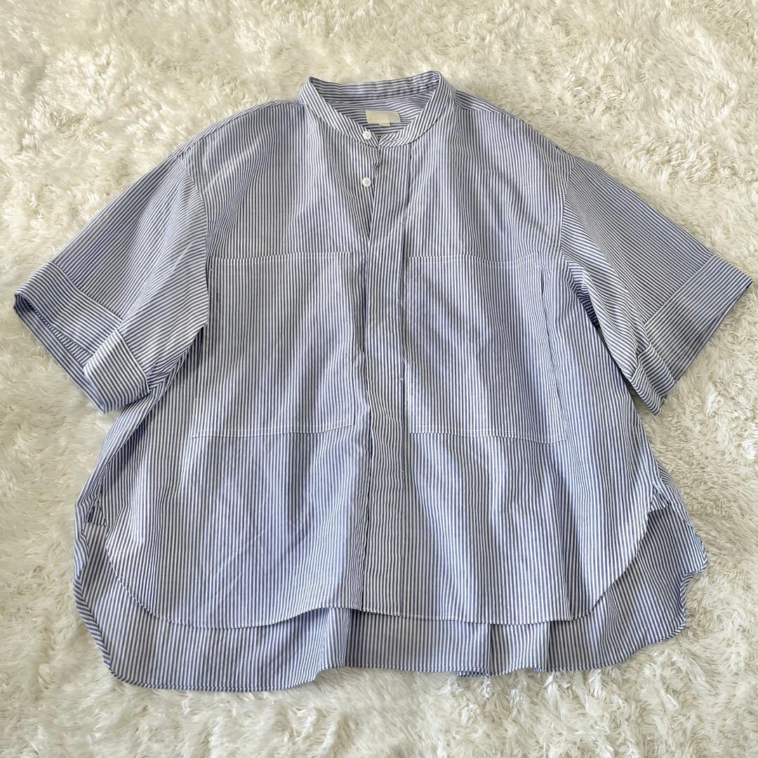 希少✨ドゥロワー シャツ　コットンバンドカラーブラウス 36 ブルーストライプ