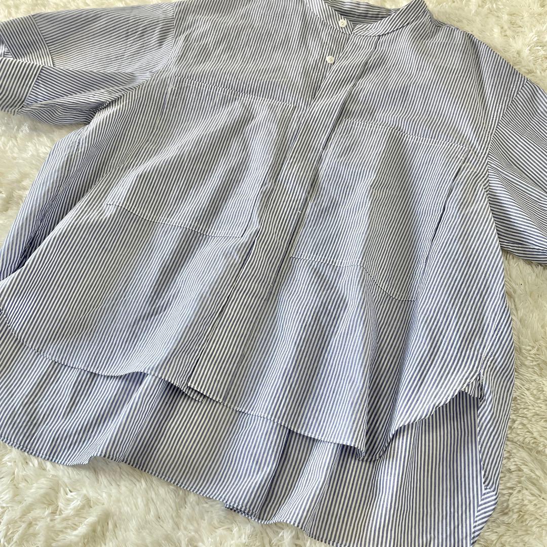 希少✨ドゥロワー シャツ　コットンバンドカラーブラウス 36 ブルーストライプ