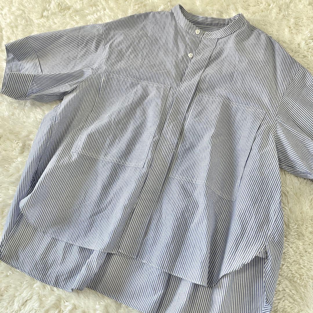 希少✨ドゥロワー シャツ　コットンバンドカラーブラウス 36 ブルーストライプ