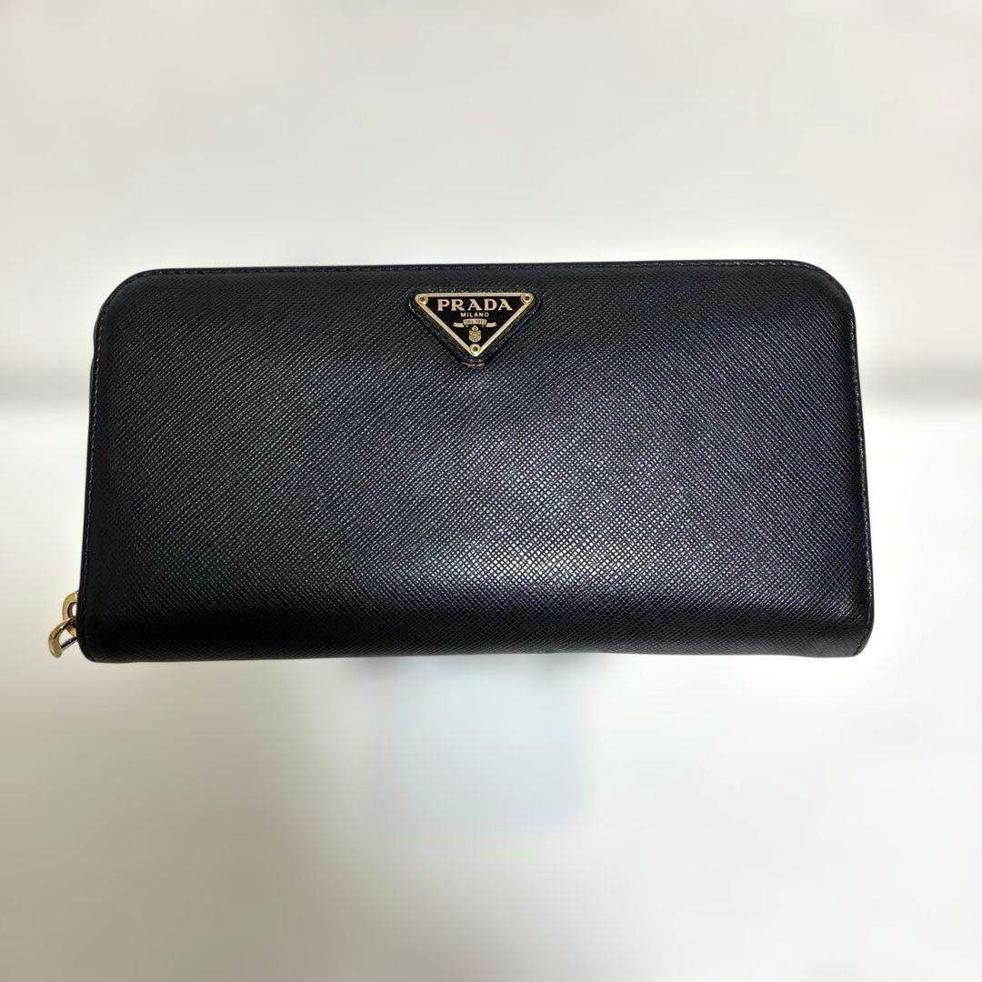しとらす【美品】プラダ　長財布　ラウンドファスナー　三角ロゴ　レザー　黒