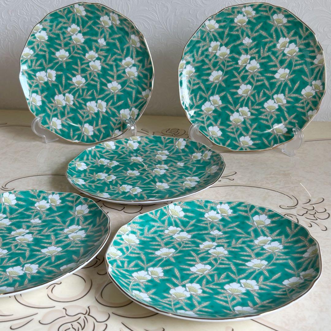 有田焼　明国窯　金彩花文様　輪花　古伊万里　中皿　5枚セット　銘々皿　大皿　色絵