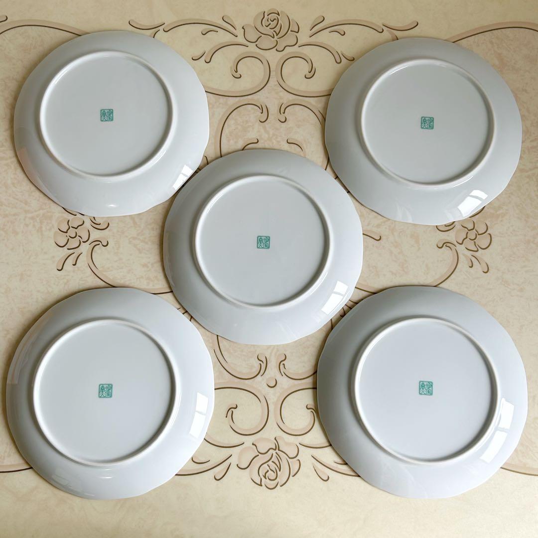 有田焼　明国窯　金彩花文様　輪花　古伊万里　中皿　5枚セット　銘々皿　大皿　色絵