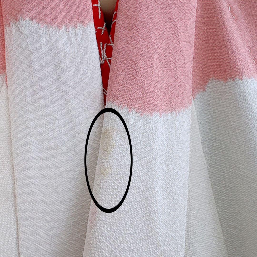 七五三　３歳女の子　産着リメイク　きもの長襦袢　しぼり　ピンク白赤　蝶　7040