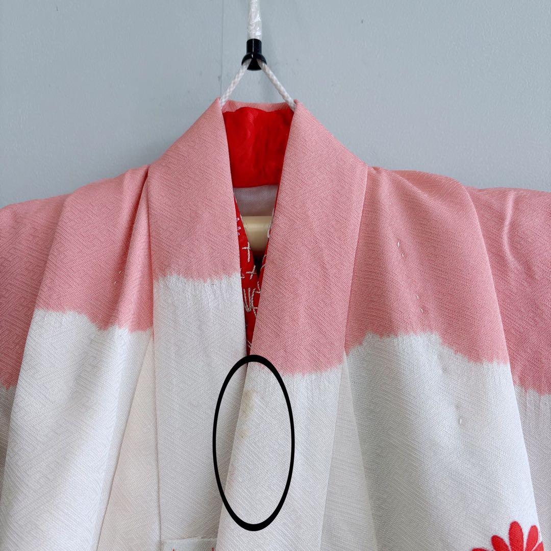 七五三　３歳女の子　産着リメイク　きもの長襦袢　しぼり　ピンク白赤　蝶　7040