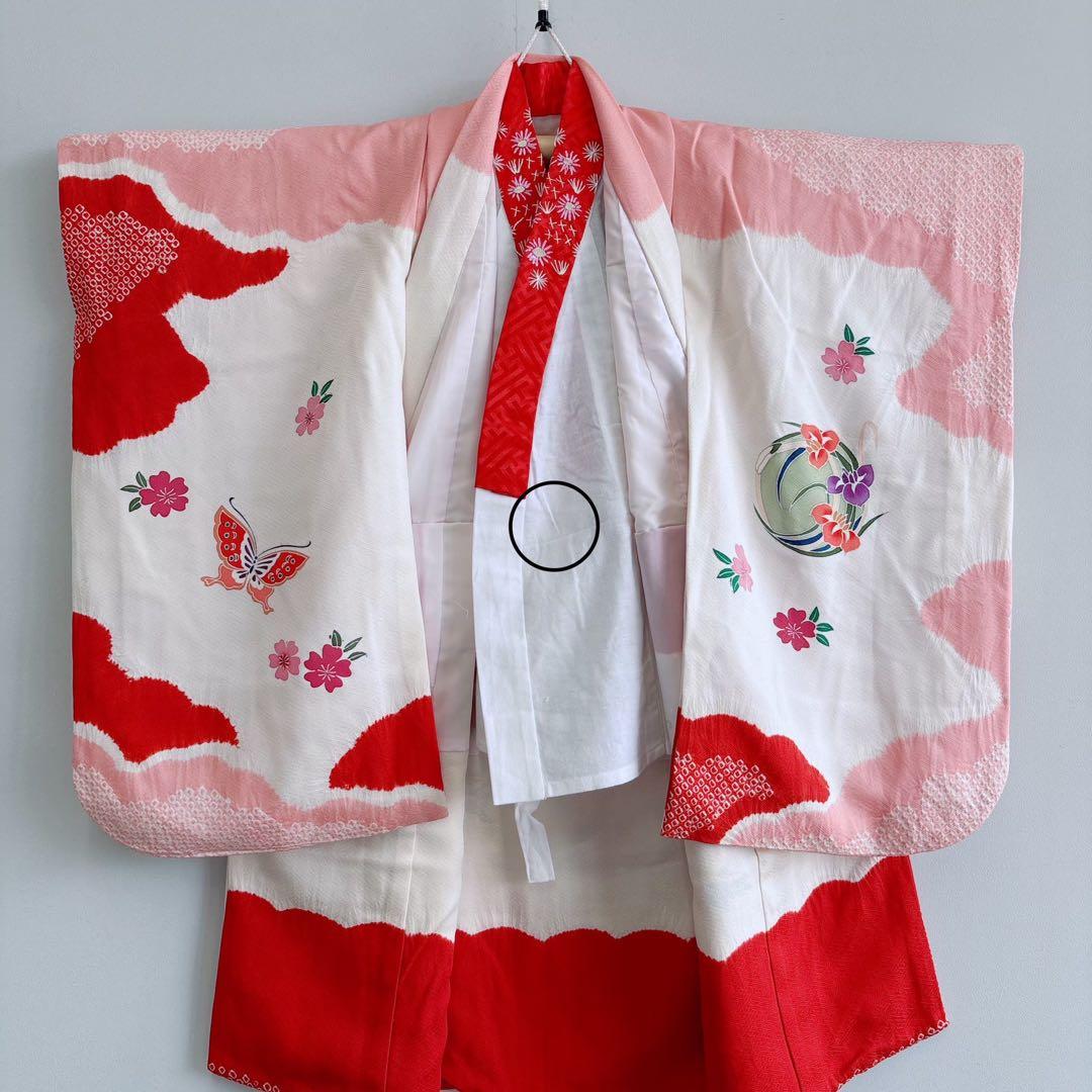 七五三　３歳女の子　産着リメイク　きもの長襦袢　しぼり　ピンク白赤　蝶　7040