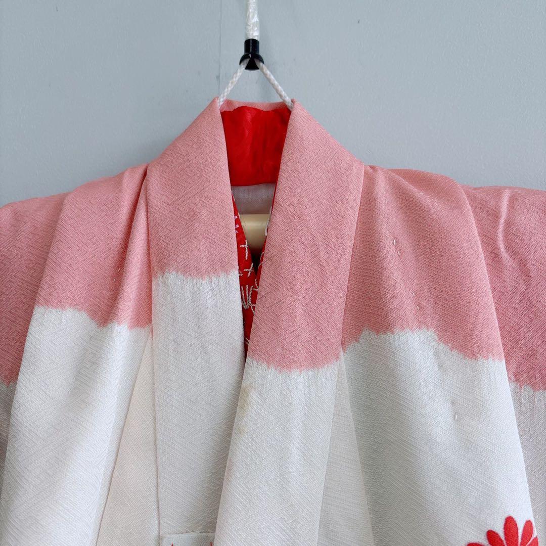 七五三　３歳女の子　産着リメイク　きもの長襦袢　しぼり　ピンク白赤　蝶　7040