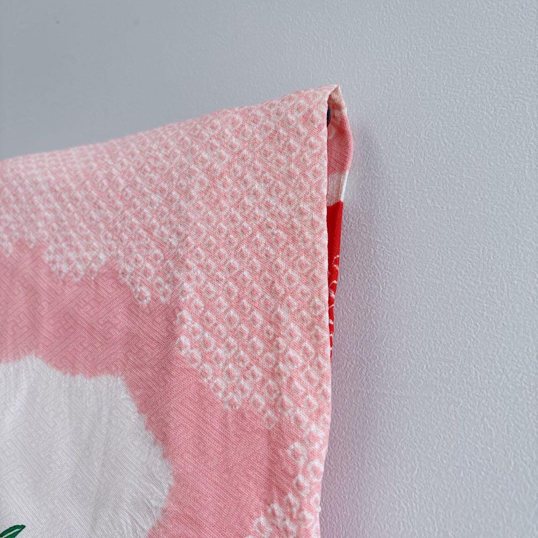 七五三　３歳女の子　産着リメイク　きもの長襦袢　しぼり　ピンク白赤　蝶　7040