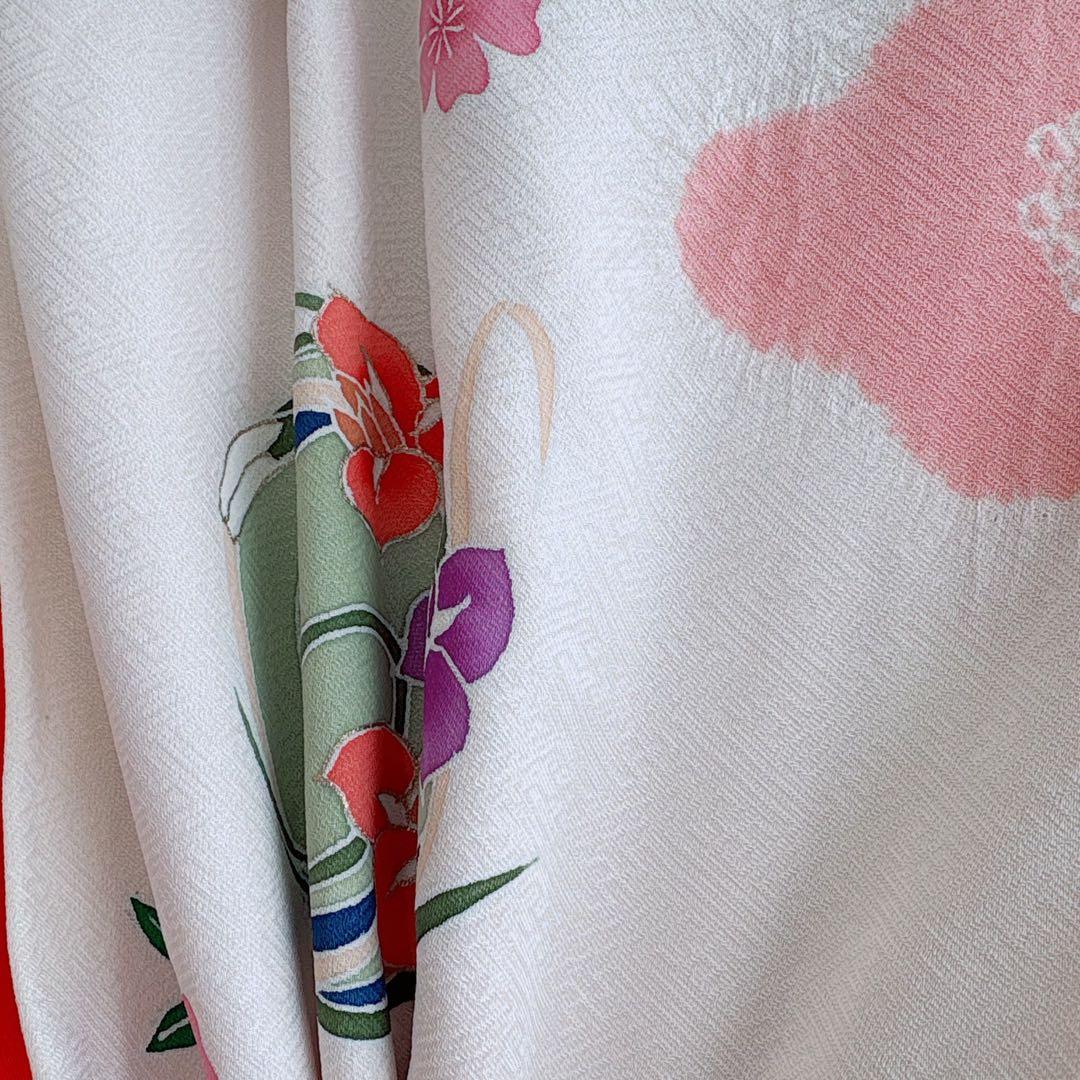 七五三　３歳女の子　産着リメイク　きもの長襦袢　しぼり　ピンク白赤　蝶　7040