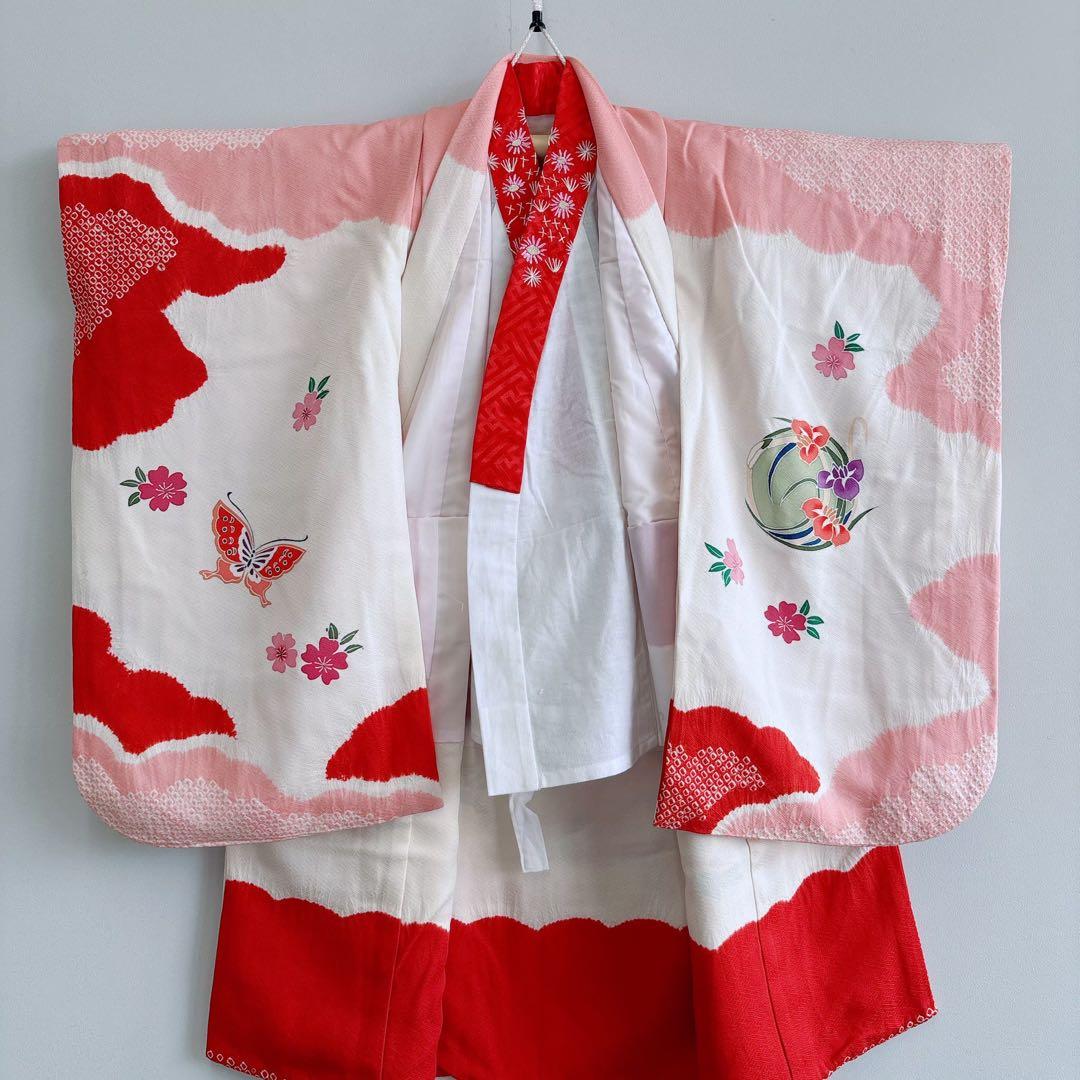 七五三　３歳女の子　産着リメイク　きもの長襦袢　しぼり　ピンク白赤　蝶　7040
