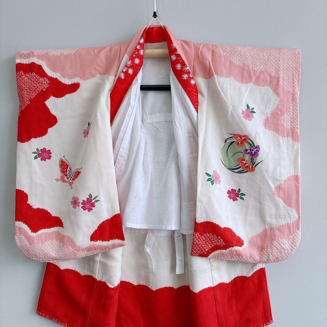 七五三　３歳女の子　産着リメイク　きもの長襦袢　しぼり　ピンク白赤　蝶　7040