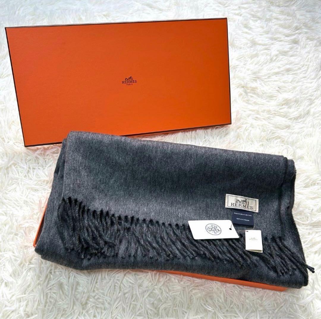 箱&タグ付き✨エルメス レクトヴェルソ カシミヤ マフラー リバーシブル グレー