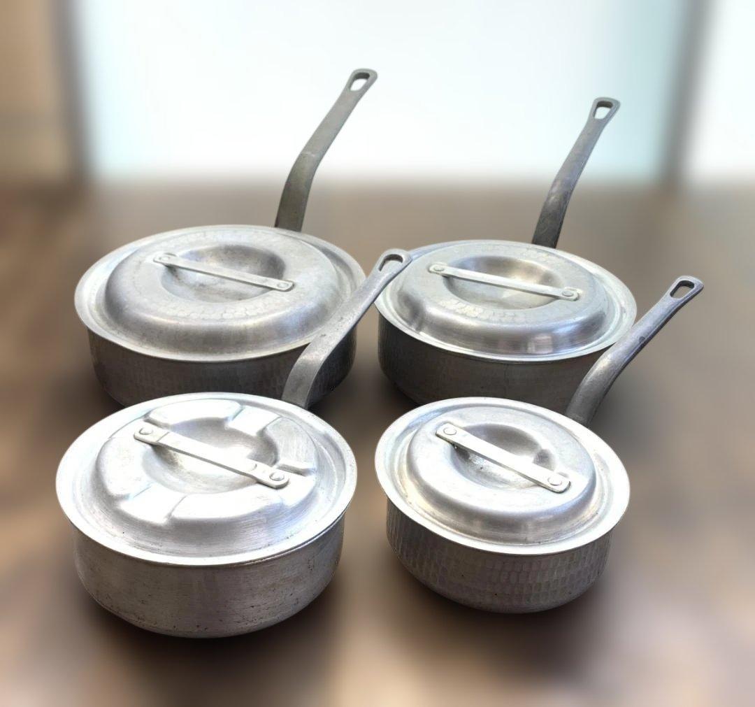 アカオアルミ DON 片手浅型鍋 4点 直径24・21・18・15㎝ 蓋付き ➁