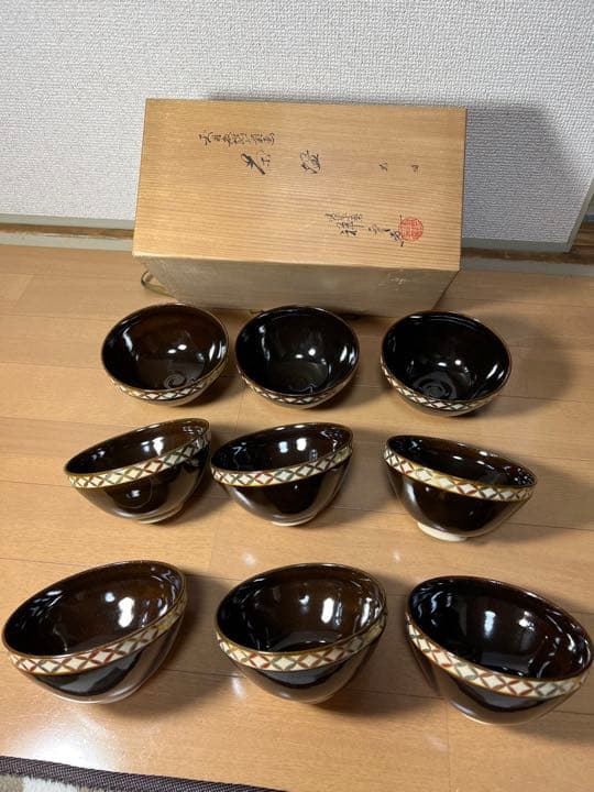 657 清栄寺窯 杉田祥平　天目色絵七宝画　茶碗　9客　未使用　　　有田焼